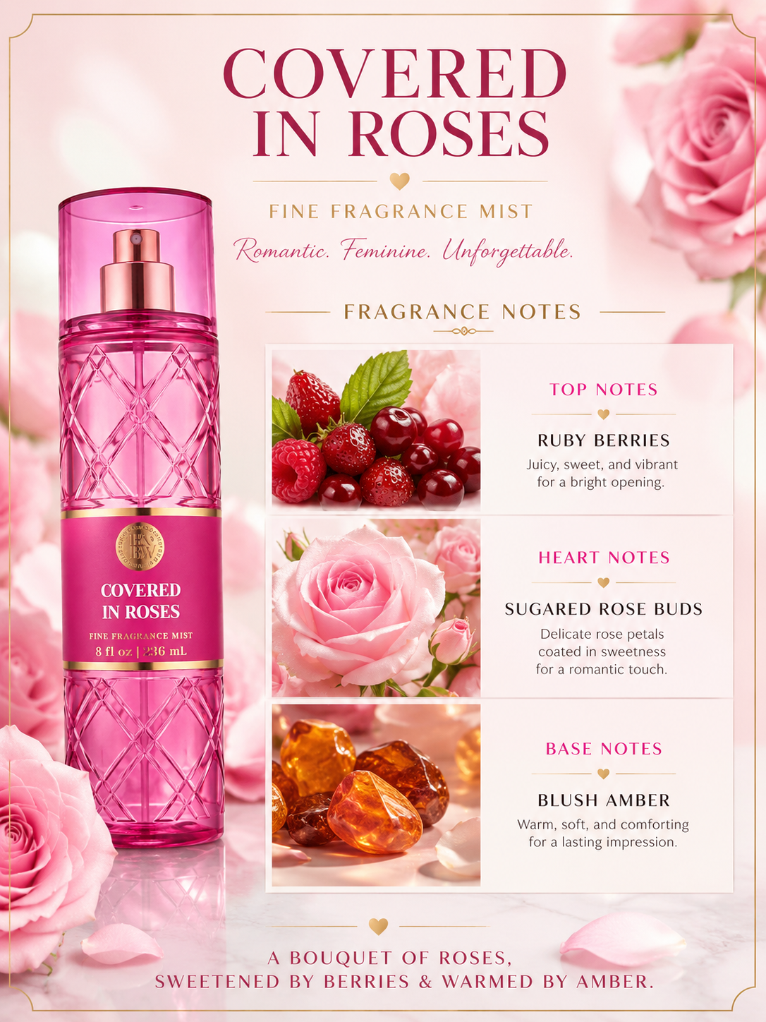 Covered In Roses Fine Fragrance Mist – Sweet Rose & Amber Body Spray 236ml