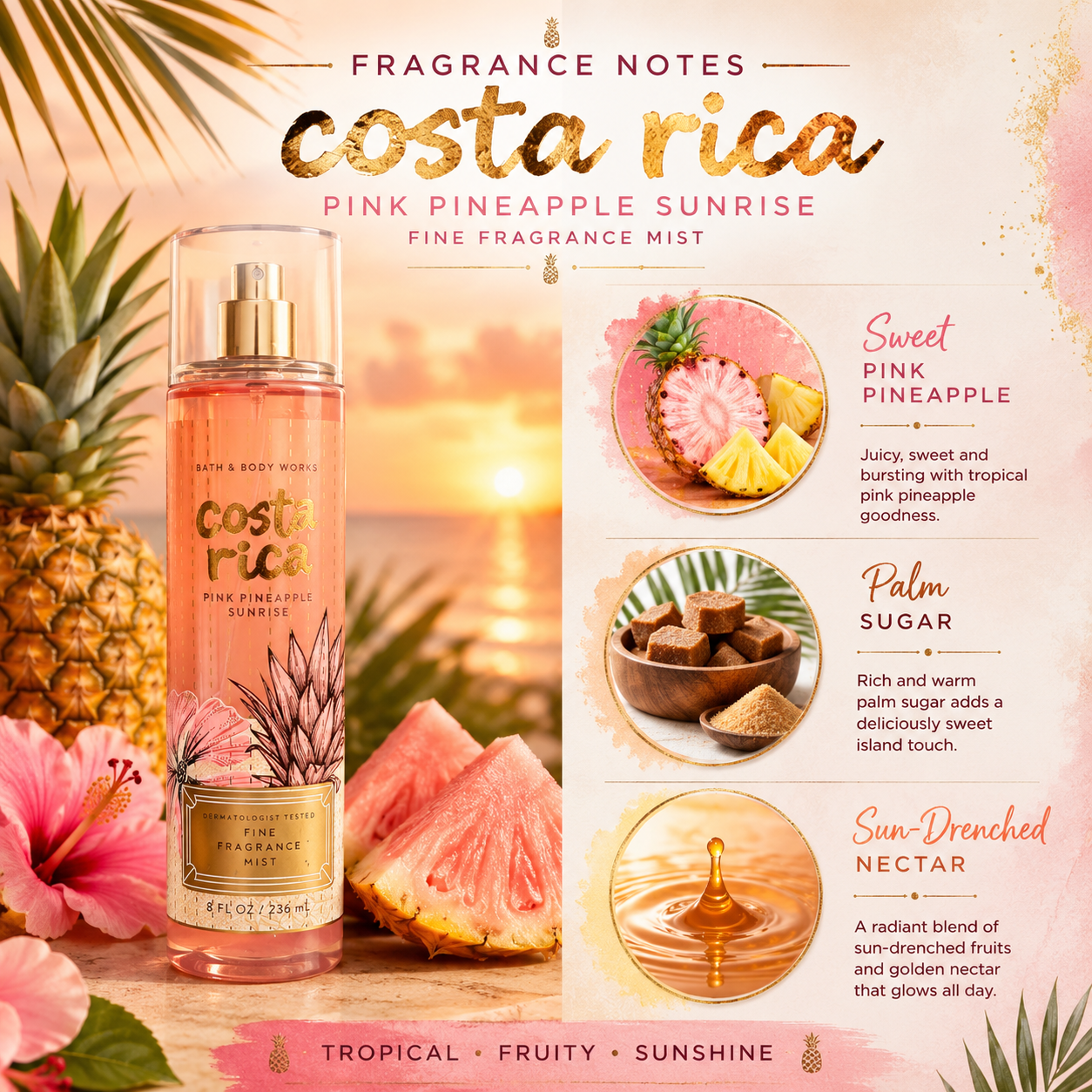 Costa Rica Pink Pineapple Sunrise Fine Fragrance Mist – Tropical Pineapple Body Spray 236ml