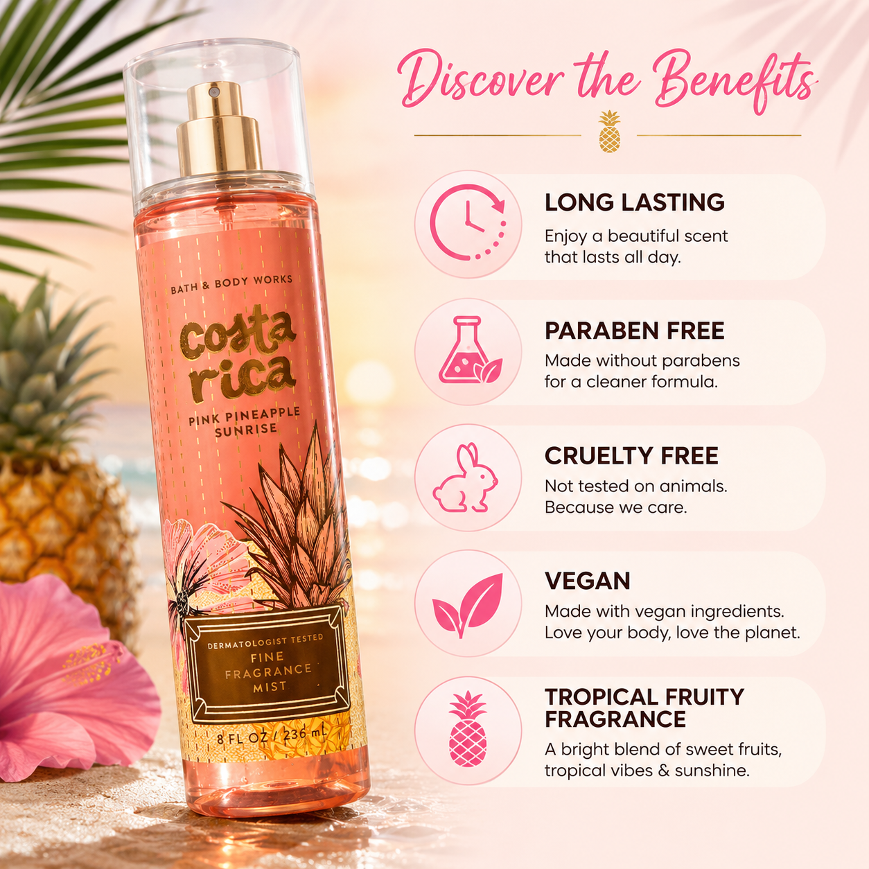 Costa Rica Pink Pineapple Sunrise Fine Fragrance Mist – Tropical Pineapple Body Spray 236ml