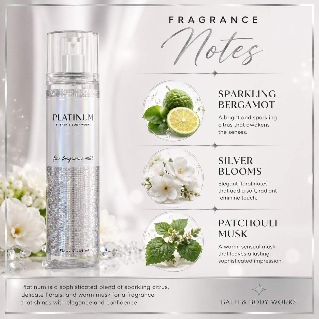 Bath & Body Works Platinum Fine Fragrance Mist – Sparkling Bergamot, Silver Blooms & Patchouli Musk (8 oz)