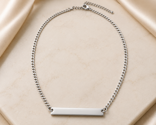 Silver Engravable Curb Chain Bar Necklace