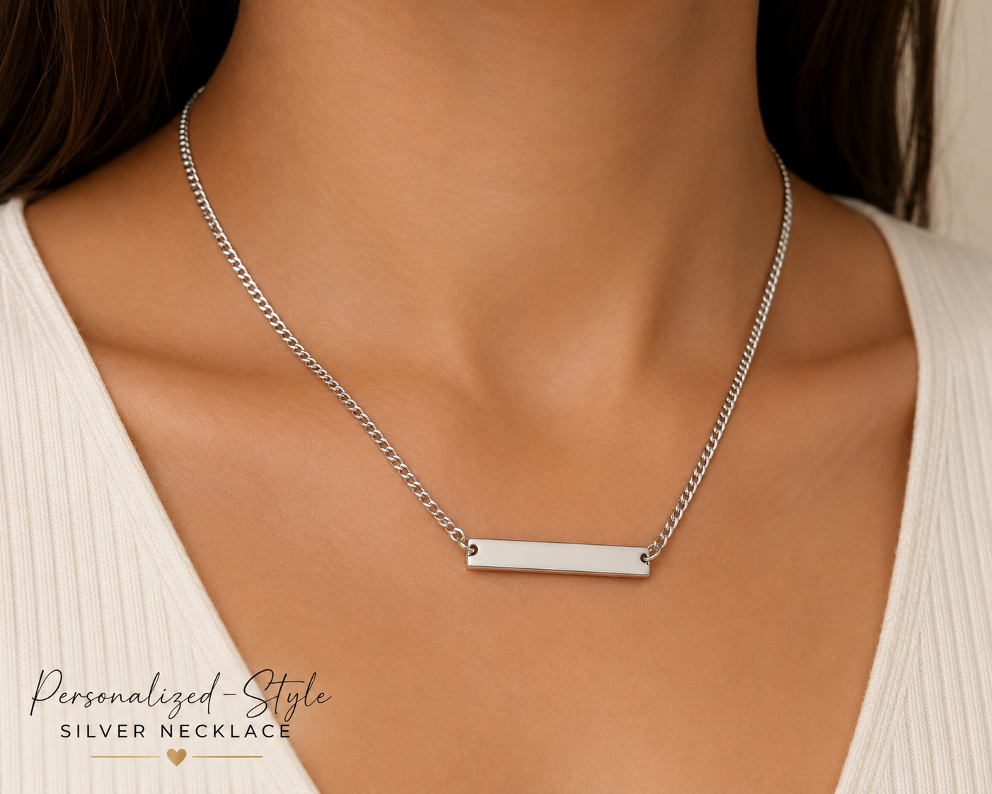 Silver Engravable Curb Chain Bar Necklace