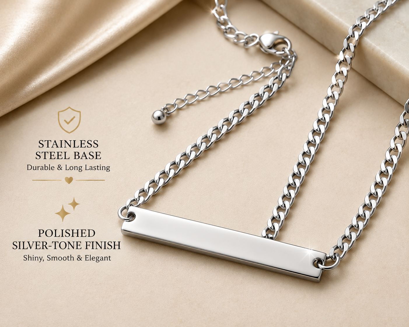 Silver Engravable Curb Chain Bar Necklace