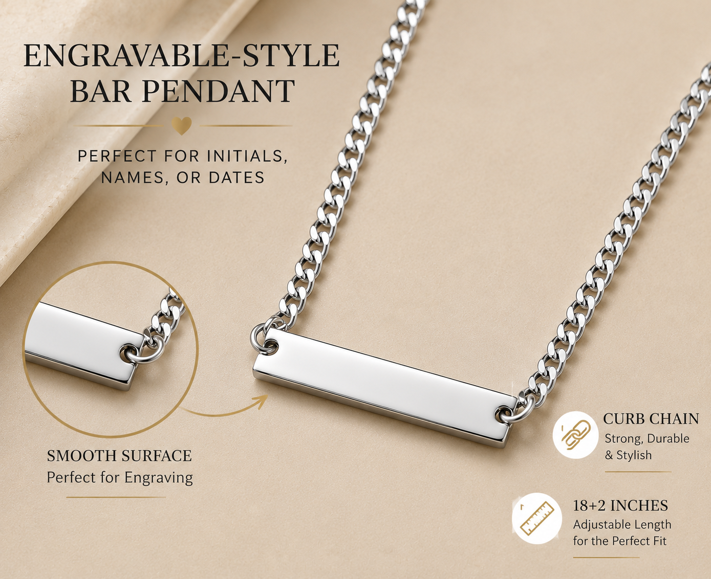 Silver Engravable Curb Chain Bar Necklace