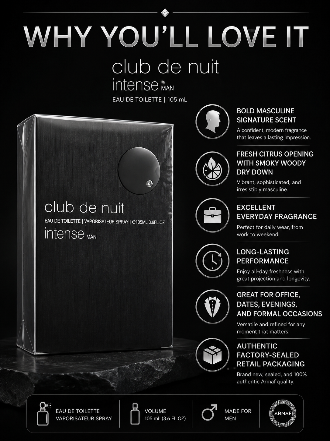Armaf Club de Nuit Intense Man Eau de Toilette Spray for Men 105 mL (3.6 fl oz)