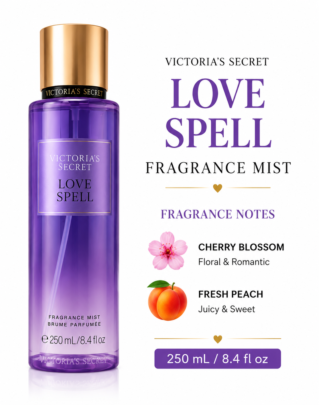 Victoria's Secret Love Spell Fragrance Mist 250 mL | Cherry Blossom & Fresh Peach Body Mist